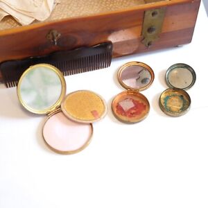 Pilliod 1950s Cedar Wood Box Mirrored Vanity Comb Makeup Compacts Powder Rouge