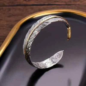 Bracciale Vintage Argento Piume Braccialetto Polso Regolabile Braccialetto Uomo Regalo - Foto 1 di 6