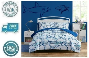 New Blue Shark Kid Bed in a Bag Comforter Pillowcase Bedding Sheet 7pc Set Full - Picture 1 of 8