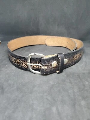 Cinturón de cuero vintage tooled a mano marrón/negro talla 36 floral con lobo en la espalda  Foto 1 de 4