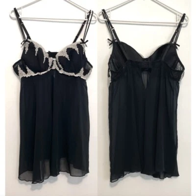 DELICATE Lencería Babydoll Semi Transparente Con Encaje Marfil Crema Negra Con Aros Grande L Foto 1 de 4