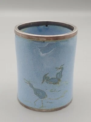 银胎天蓝釉镶鹭雁笔筒 Chinese Silver Sky Blue Enamel Inlaid Egret Wild Goose Flower Pen Pot - Image 1 of 4