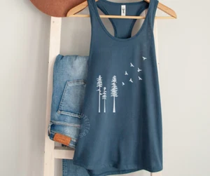 TRENDY NATURE TANK TOP | WOMEN'S RACERBACK FOREST FLYING BIRDS TANK | HIPPIE - Picture 1 of 9