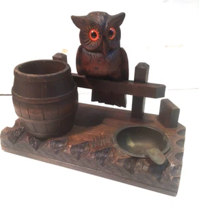 ANTIQUE VINTAGE BLACK FOREST WOOD CARVED OWL SMOKING STAND - Picture 1 of 6
