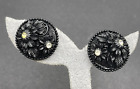 Vintage Black Plastic Button Screw Back Earrings Carved Floral Rhinestones