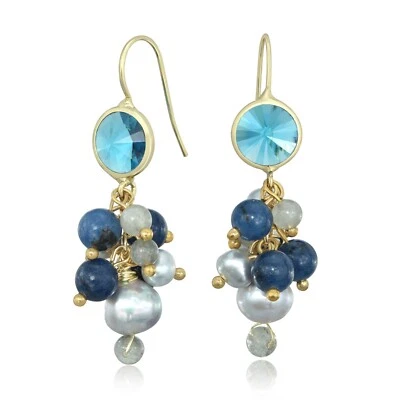 Elegant Shine Blue Agate, Gray Pearls, and Crystal Gold-Plated Dangle Earrings - Image 1 of 4