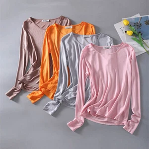 Damen Dessous Maulbeerseide Strick Rundhals T-Shirt Unterhemd Langarm - Bild 1 von 23