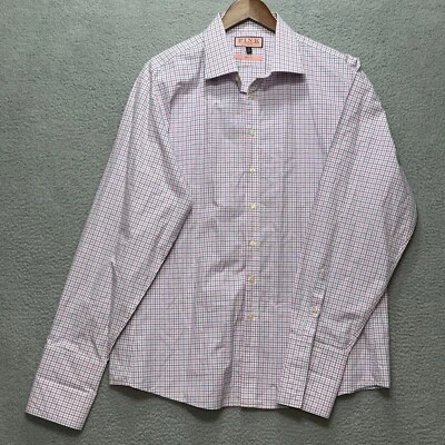 Thomas Dress Shirt French Cuff Long Sleeve Mens XL 18 Pink Check Plaid Slim Fit - Image 1 of 4