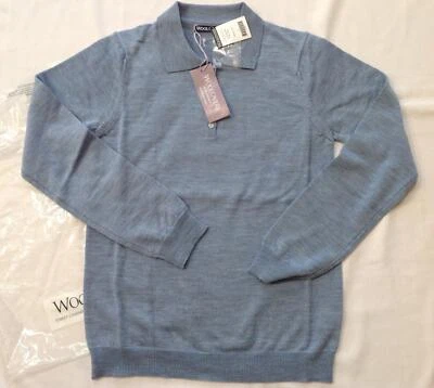 NUEVO CON ETIQUETAS Mujeres WoolOvers Azul Pálido Marl Manga Larga Polo Lana Merino Suéter S Foto 1 de 3