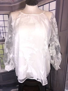 Alfani NWT L White Mesh Shadow Overlay mothers day  blouse Prairie Shirt Top - Picture 1 of 11