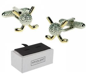 Golf Ball and Club Cufflinks Rhodium Plated Silver in a gift box Onyx art CK25 - Picture 1 of 4
