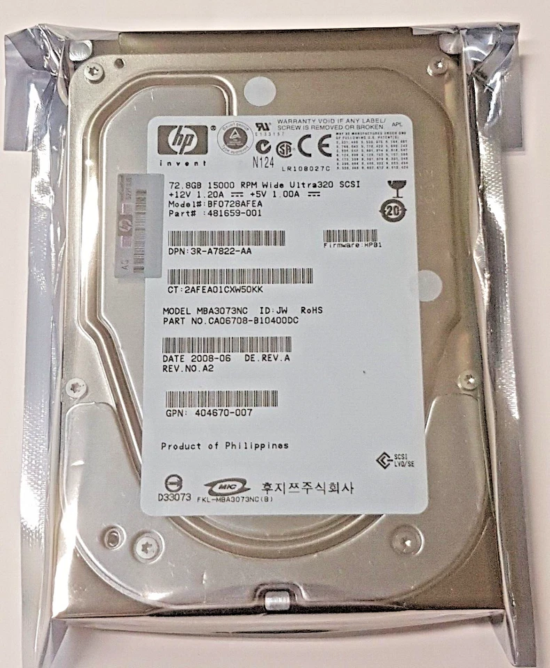 72.8 GB HP BF0728AFEA WideUltra320 SCSI 80pin 15K 8MB 3.5 " Internal Hard New - Image 1 of 1