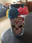 Skull & Flowers Halloween Glass Silver Color Mason Jar With Changing Lights New