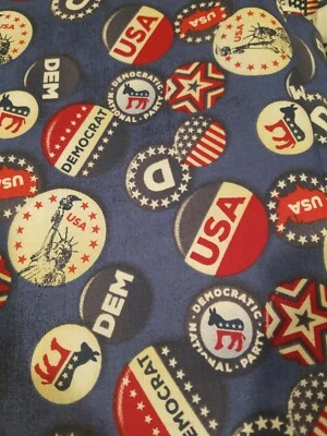 26' x 44 Patriotic Quilt Cotton Fabric Democrat Buttons USA Liberty - Image 1 of 3