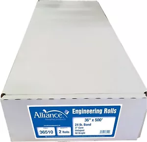 Alliance Wide Format Paper Rolls Bond Engineering 36" x 500' x 3", 24lb. 2 Rolls - Picture 1 of 8