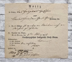 1858 Notiz Kläger Großherzogliches Landgericht Groß Gerau Landgerichtsdiener alt - Picture 1 of 2