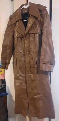 Vintage sears Leather Trench Coat Womens 60s 70s Belted Brown vintage clothing  - Image 1 of 4