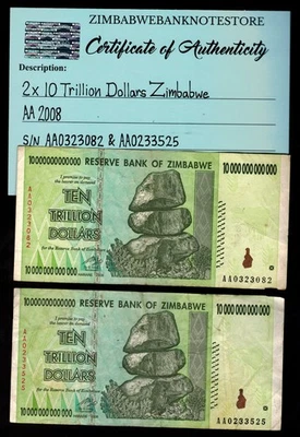 2 x 10 万亿津巴布韦元钞票 AA 2008 正品 AA0323082,AA0233525 — 第 1/3 张图片