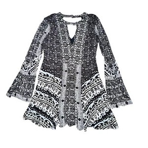Free People Tegan Border Printed Mini Dress Womens Sz 10 Black White L/S Keyhole - Picture 1 of 8