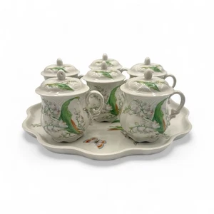 Vintage Limoges 6 Töpfe de Creme Sets mit Platte Schmetterling Maiglöckchen - Bild 1 von 12