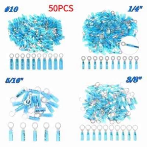 50Pcs Blue Heat Shrink Ring Terminals Waterproof Wire Crimp Connectors 16-14AWG - Picture 1 of 8