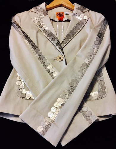 Blazer giacca Tory Burch marrone chiaro con bordo paillettes peltro 95% cotone 5% spandex XS S