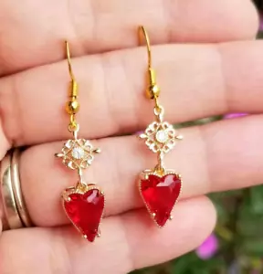 Pendientes de rubí de oro de 14k, pendientes de corazón de rubí, pendientes de corazón rojo, colgantes de rubí - Imagen 1 de 5