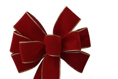 Dark Red with Gold Edge Velvet Outdoor Wreath Bow - Handmade - Christmas Holiday - Image 1 of 4