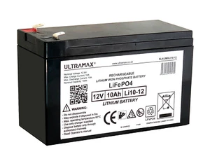 TWO x ULTRAMAX 12V 10Ah LITHIUM PHOSPHATE LIPO HEAVY DUTY RECHARGEABLE BATTERIES - Picture 1 of 10