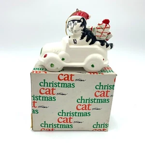 Vtg Kliban Ceramic Cat in Santa Hat Driving Car w/ Gifts Ornament Original Box - Picture 1 of 6