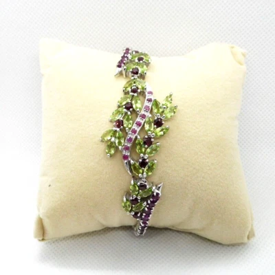 Schwarz Rotes Granat Peridot Armband 925 Silber 585 Weißgold vergoldet 19,5 cm - Bild 1 von 4