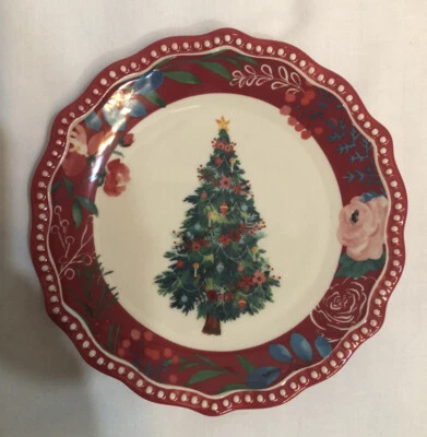 Pioneer Woman Wishful Winter Tree Appetizer Plate Red Christmas Floral New