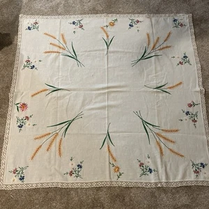 Vtg Hand Embroidered Square Linen Tablecloth 43”x45” Floral Beige Crochet Edge - Picture 1 of 11