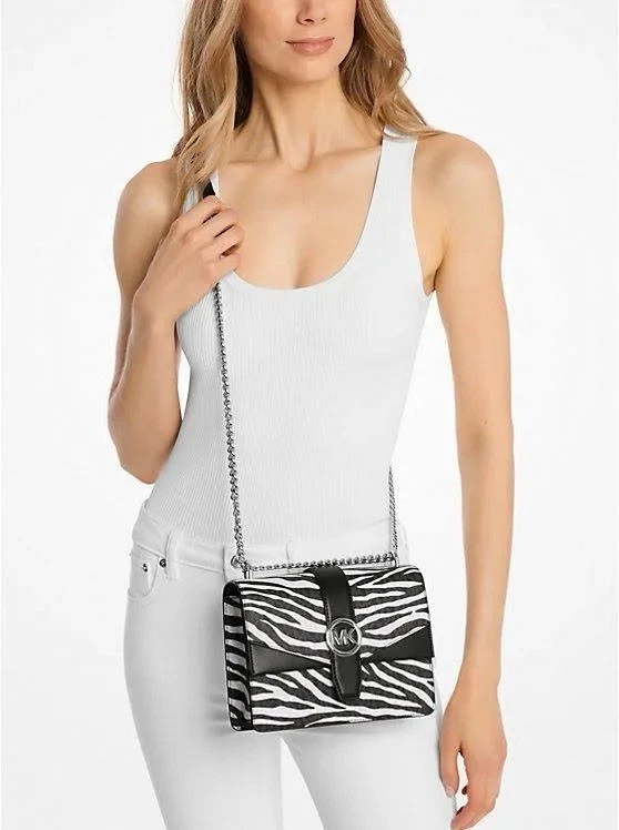 MICHAEL KORS GREENWICH SMALL FLAP CROSSBODY MK CHAIN BAG TOTE BLACK WHITE ANIMAL - Image 1 of 1