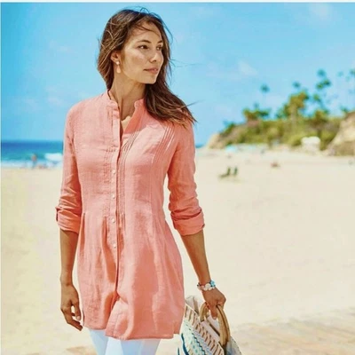 J Jill Live Linen Tunic Top Sz M Coral Pink Relaxed Roll-tab Sleeve Casual Chic - Image 1 of 4