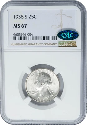 1938-S Washington Quarter 25c MS67 NGC ~ CAC 950813-6 - Image 1 of 3