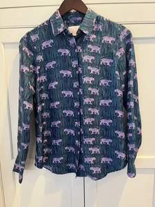 J. Crew Collection women’s button up shirt Sz. 2 tigers print 100%silk navy pink - Picture 1 of 7