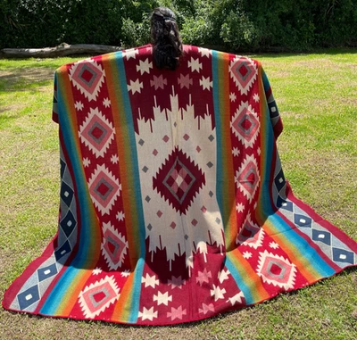 Handcrafted Alpaca Wool Blanket Red White Navajo King Reversible Southwestern - Image 1 of 4