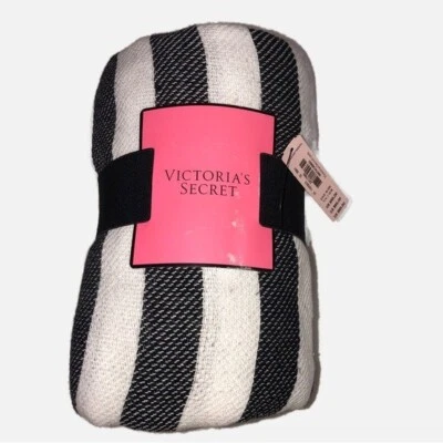 Manta de Playa Victoria's Secret Tiro Algodón Negro Blanco Rayas Logo Rosa NUEVA Foto 1 de 4