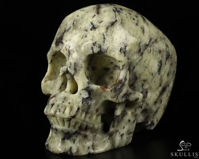 Неизвестная желтая яшма 5,0 дюйма с рубиновым резным хрустальным черепом, суперреалистичная - Изображение 1 из 4