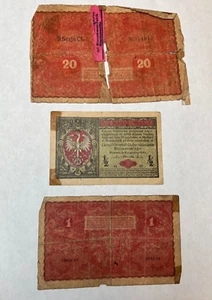 3 Poland Banknotes 1/2 Polish Marki 1917, 1 Mark 1919, 20 Marek 1919 - Picture 1 of 2