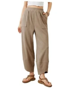 Womens Baggy Wide Leg Pants Casual Elastic Waisted Palazzo Harem Medium Khaki - Picture 1 of 7