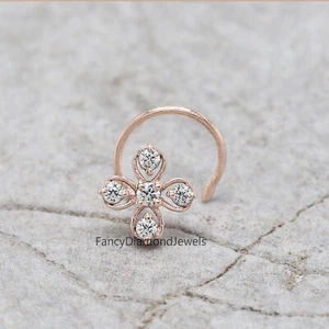 Natural White Round Diamond Nose Ring 14K Rose White Yellow Gold Nose Ring KD954 - Picture 1 of 8