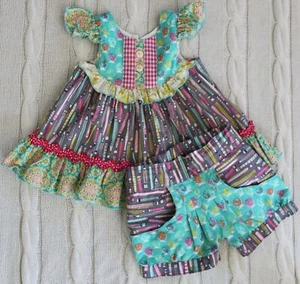 Handmade USA OLIVE MAE Boutique Back To School Tunic Top & Shorts Set Size 4T 3T - Picture 1 of 9