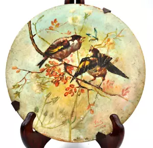 Ancienne assiette en carton bouilli, décor peint d'oiseaux, signé Adèle 1892 - 2 - Imagen 1 de 8