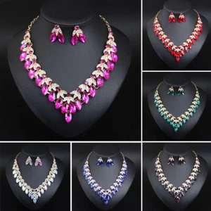 Women Crystal Necklace Earrings Statement Jewelry Set Bridal Wedding Party Gifts - Picture 1 of 79