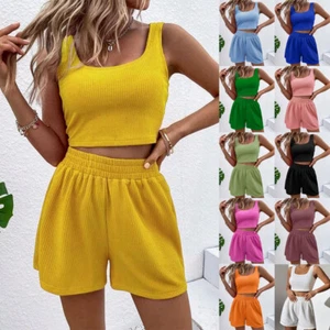 2PCS Ladies Sports Casual Tracksuits Summer Tops Shorts Lounge Wear Co Ords Set - Picture 1 of 35