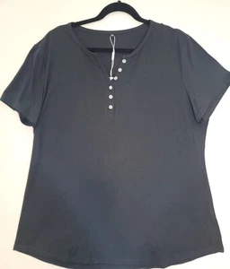 Kilig Women's Button Up Henley T-Shirt Top Short Sleeve Black XXL Basics - Picture 1 of 4