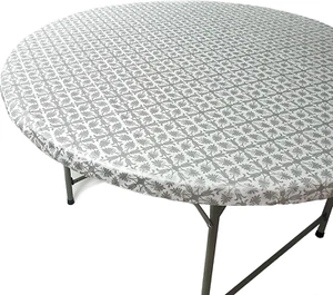 Fits Tables up to 43" to 48" Inch Fitted round Tablecloth Elastic Silver Pattern - Picture 1 of 12