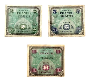 1944 French Francs, 2, 5 and 10 Denominations, Circulated, Good Specimens - Picture 1 of 5